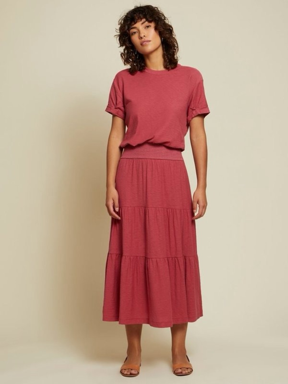 NATION LTD Martine Tiered Midi Maxi Dress Short Sleeve Dusty Rose Pink XS Cotton